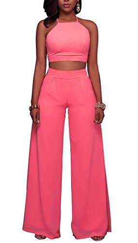 Mr.Seven Women High Waist Wide Leg Two Pieces Jumpsuit Crop Tops and Pants Set (M, Hot Pink)