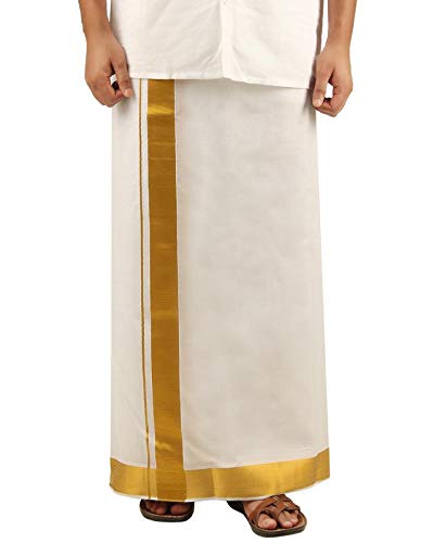 Men's White Cotton Dhoti (Gold, Free Size)
