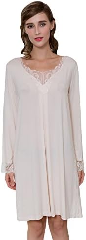 Sleepwear Women's Nightgown Sleep Shirt Long Sleeve Nightshirts Lace Trim Nightdress