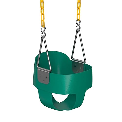 Jungle Gym Kingdom Baby Swing Outdoor - Heavy Duty Toddler Swing Set Accessories, High Back, Full Bucket Seat with Coated Chains for Outdoor Use - Fully Assembled - Green