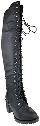 Illusion 01 Ok Womens Thigh High Lace Up Chunk Heel Combat Boots,Black,8.5