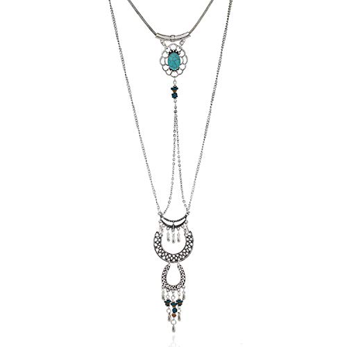 Hanloud Boho Chain Choker Necklace Layer Turquoise Beads Moon Horseshoe Pendant Necklace - Thumbnail 5