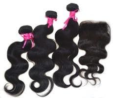 DREAM Virgin HAIR Extensions 100% Virgin Indian Weave for Cheap Body Wave 3 Bundles 12"-30" and 1 Closure (44) Natural Color #1B (14 16 18+12)