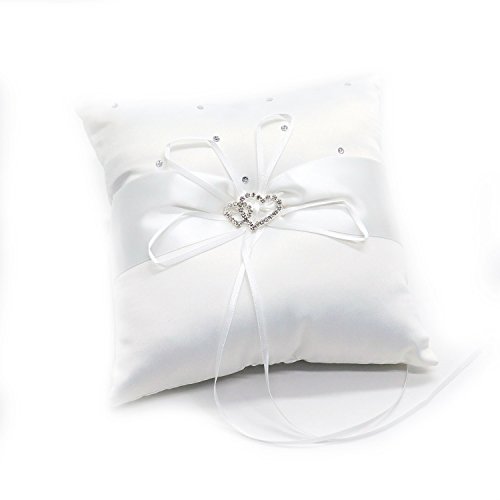 SenseYo 7.8 inches Satin Double Hearts Decoration Wedding Ring Bearer Pillow, White