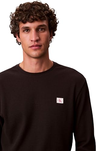 Herren Langarmshirt Waffle Badge Tee mit Rundhalsausschnitt, Schwarz (Black), L