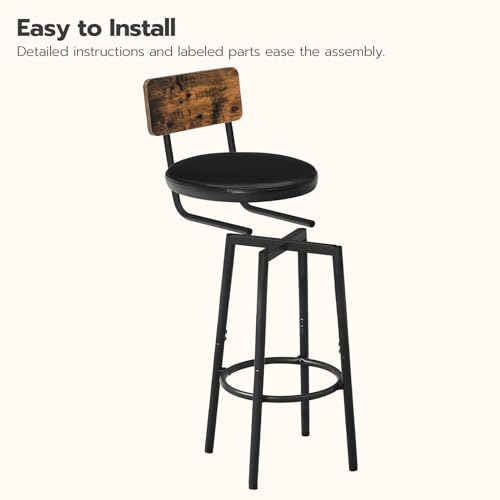 HOOBRO Round Bar Stools, Round High Bar Chairs Set of 2 with Back, Kitchen Counter Height Stools for Kitchen Island, Dining Room, High Stool Chairs with Footrest, Rustic Brown and Black EBF31BY01G2