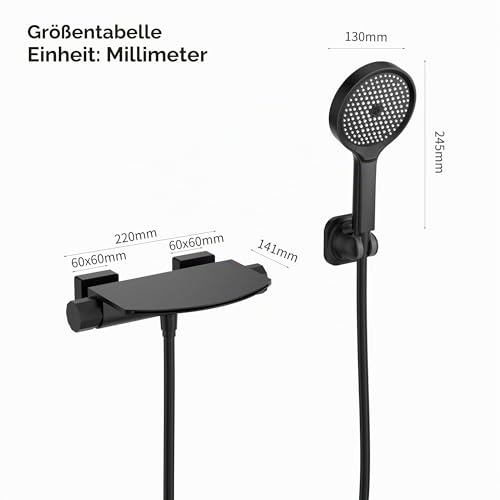 HOMELODY Black Bath Mixer Tap with Hand Shower, Waterfall Bath Tap, Brass Mixer Tap, Wall Fitting for Bathtub, Wall Mounted with Large Platform