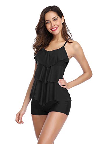 LALAVAVA Women's Two Piece Swimsuit Polka Dot Flounce Printed Tank Top with Boyshorts Bottom Tankini Set (Black, XX-Large) - Thumbnail 5