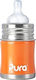Pura Kiki Stainless Infant Bottle Stainless Steel with Natural Vent Nipple, 5 Ounce, Orange, 0-6 Months+