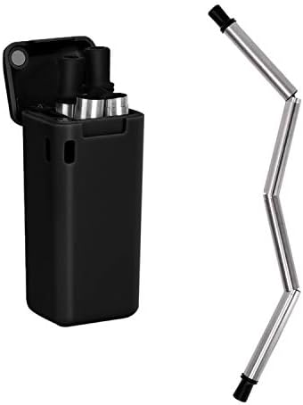 Collapsible Straw, Stainless Steel Reusable Drinking Folding Straws Foldable Drinking Straws Food-Grade Portable Set with Hard Case Holder Cleaning Brush for Travel, Household, Outdoor (Black)
