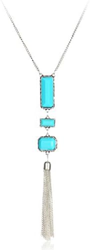 Fashion Gold Silver Keychain Square Black Resin Long Tassel Beads Pendant Necklace (Blue)