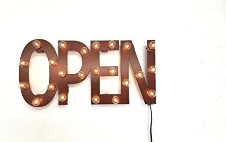 Open Lighted Sign Marquee Made out of Rusted Steel, Vintage-Inspired