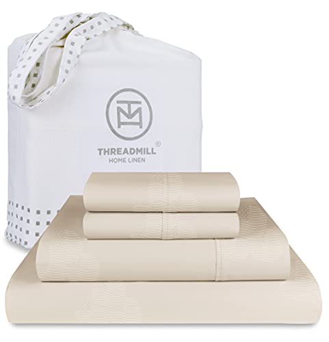 Threadmill Cotton Full Size Sheet Set | 100% Cotton Sheets for Full Size Bed | Damask Jacquard Full Bed Sheets Set with 16” Deep Pocket | Soft Sateen Weave 4-Piece Cooling Bedding Set | Beige