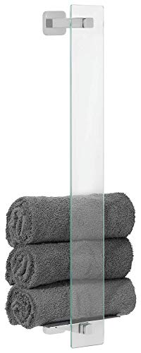 tesa® ESTEETIC Guest Towel Holder - Vertical Hand Towel Holder in White Frosted-Glass Design - Wall-Mounted Towel Bar - Waterproof, incl. Power.Kit Adhesive Solution - 667 mm x 180 mm x 128 mm
