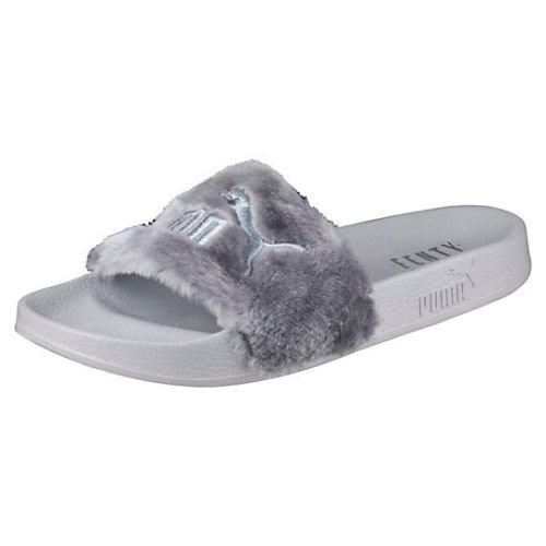 grey fur puma slides