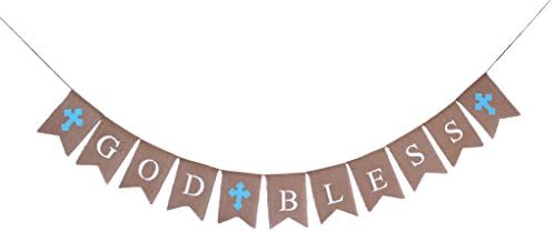 God Bless Burlap Banner for Boy Baptism Christening First Communion Baby Shower Decoration Holy Religious Bunting Garland Party Supplies Decor Sign Dedication Rustic Party Backdrop (3 crosses) (Blue)