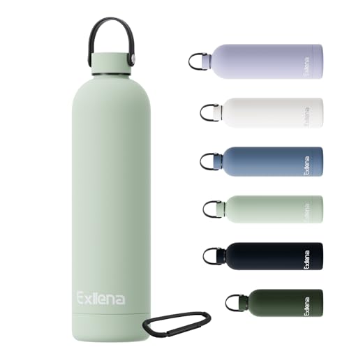 Exllena Trinkflasche Edelstahl mit Griff & Karabiner–500ml/750ml/1L/1,5L isolierte Thermosflasche, 100% auslaufsicher und BPA-frei, Wasserflasche ther