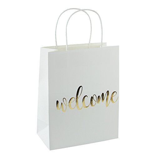 LaRibbons Medium Welcome Gift Bags - Gold Foil White Paper Bags with Handles for Wedding, Birthday, Baby Shower, Party Favors - 12 Pack - 8\