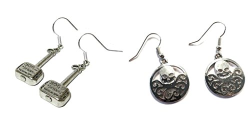 Thor Hammer With Writing and Silver Hydra Logo Dangle Earrings w/Gift Box
