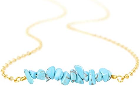 PearlyPearls 18k Gold Chain Choker Dainty Turquoise Beads Bar Necklace for Women Handmade Genstone Jewelry for Mother's Day