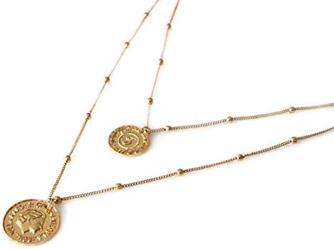 Gold Layered Metal Choker Double Coin Disc Pendant Lady Long Chain Drop Y Shaped Necklace for Women