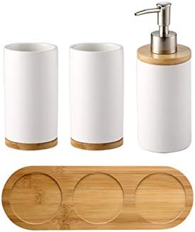Whthteey White Ceramic Bathroom Accessories Set with Bamboo Tray for Bathroom Kitchen Countertop Includes Soap Dispenser Toothbrush Holder (2 Cup, White)