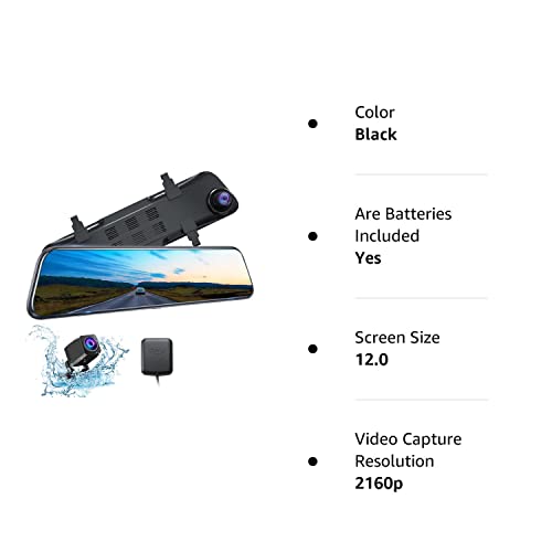 Kingslim DL12 Pro 4K Mirror Dash Cam, 12" Front and Rear View Camera