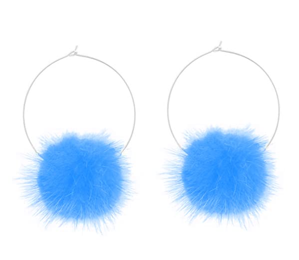 Fur Pom Pom Fluffy Hoop Earrings Baby Pink White Black Green Silver (Lake blue)