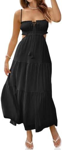 PRETTYGARDEN Women's Casual Summer Dress Spaghetti Strap Sleeveless High  Waist Beach Long Maxi Sun Dresses (Black,Small) at Amazon Women's Clothing  store