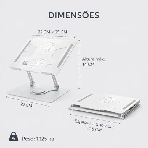 Suporte para Notebook e Tablet com Rotação 360°, Altura e Inclinação Ajustáveis e Braços Duplos — Alumínio Ergonômico Dobrável, 11 a 17 Polegadas, alta resistência