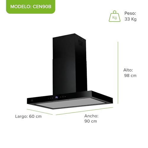 AVERA Campana para cocina de Isla 90 cm Tipo T, Acero Inoxidable, 3 Velocidades, Filtros metálico lavable y Filtro de carbón activado, Extrae y purifica, Control por botones | CEN90B