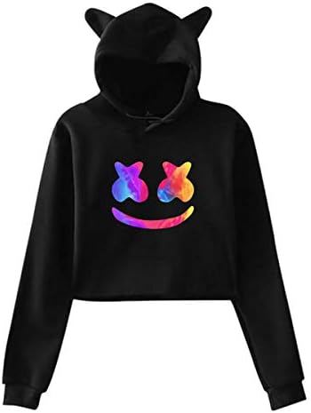 Marshmello Helmet Midriff-Baring Pullover Cat Ears Hoodie Women's