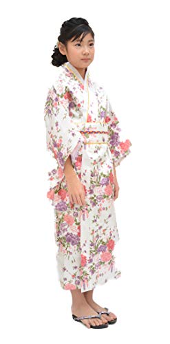 Tikusan Japanese Traditional Dress Kimono Yukata Robe for Kids Girls Costume (8-9 Years, White)