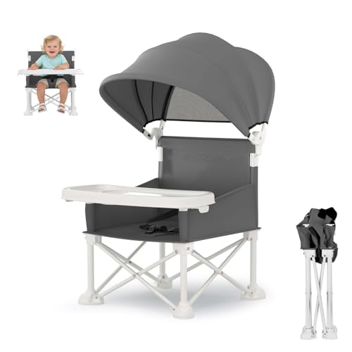 Portable Baby Chair, Foldable Toddler Booster Seat, with Removable Tray, Canopy and Safety Harness, Baby Sit up Chair, Portable Seat for Kitchen Chair (Gray)