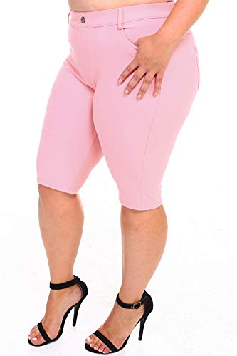ICONOFLASH Women's Plus Size Light Pink Bermuda Shorts 2XL - Pull On Knee Length Jeggings Pockets Jean Leggings 2X-Large
