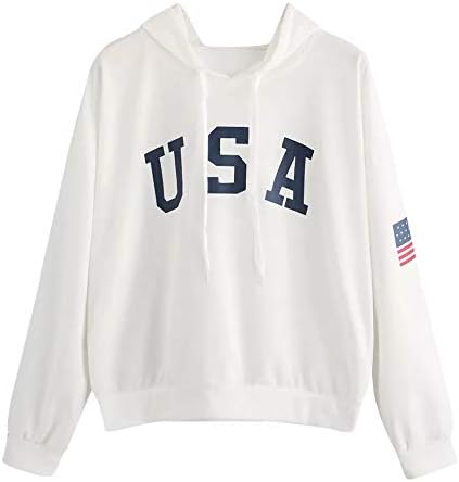 HIRIRI Women's American Flag Print Shirt Long Sleeve Drawstring Hoodies Casual Hooded Blouses Tops