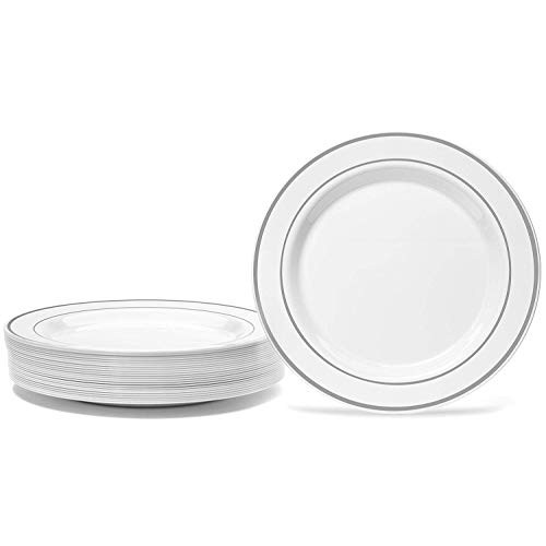 50 Plastic Disposable Dinner Plates 10.25 inches White with Silver