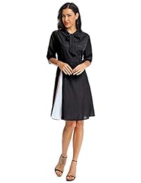 Raroauf - Vestido elegante con cuello de corbata y media manga plisado para mujer