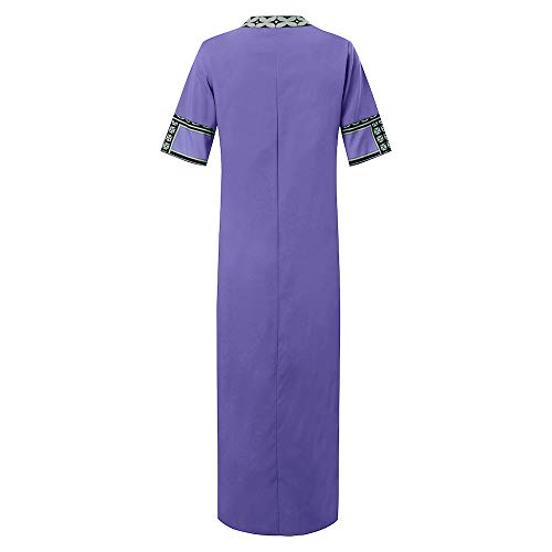 Women's Floral Printed Cotton Linen Short Sleeve Solid Loose V Neckline Boho Long Dress Kaftan Casual Dress Purple