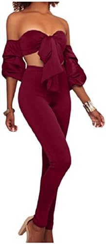 Howme Women's Tube Oversized Tie Knot Front Solid Crop Top+Long Pant Wine Red S