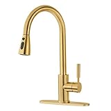 Fonveth Kitchen Faucet,Brushed Gold Kitchen Faucet with Pull Down Sprayer, Single Handle High Arc Pull out Kitchen Sink Faucet, Single Hole Kitchen Faucet with Deck Plate，Brushed Brass