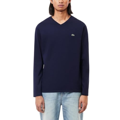 Lacoste Men’s Long Sleeve Jersey Pima V-Neck T-Shirt, Navy Blue, XS