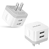 2Pack USB Wall Charger Plug, AILKIN 2.4A Dual Port USB Adapter Power Cube | Fast Charging Station Box Base for iPhone 17 16 15 14 13 18 Pro Max SE 11 XR XS, Samsung Phones Charge Block-White flat Brick