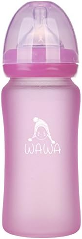 Wawita Glass Baby Bottle with Protective Silicone, Soft Medical Breast-Like Silicone Nipple with Anti-Colic System, BPA Free, Natural Breastfeeding Lightweight Bottle, Variable Flow, Pink 8 Ounces