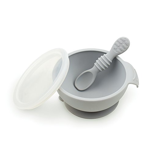 Bumkins Suction Silicone Baby Bowl (Lid & Spoon), First Feeding Set, Gray