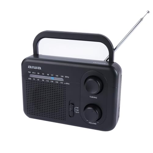 Aiwa Radio Analógico Portátil AWFML4 Am 520-1710 kHz FM 87.5-105 MHz Altavoz 3″ AUX, Bateria Recargable, Antena, Entrada de Auriculares 3.5 mm Color Negro