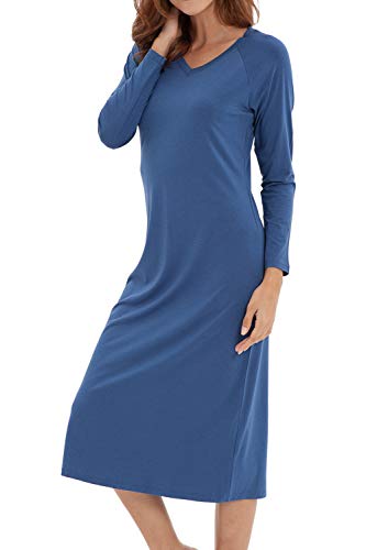 WiWi Soft Bamboo Cotton Long Sleeve Nightgowns for Women V Neck Long Nightshirts Sleep Shirts Night Sleepwear S-XXXL(3XL), Retro Blue, Large