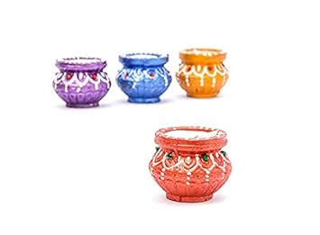 Bb Backbenchers 4 Piece Matki Diya Candle | Clay & Terracotta Diya for All Kind of Festival Diwali/Navratri | Colourful Hand Painted Puja Pooja Diya | Home Decoration (Multicolor) (4)