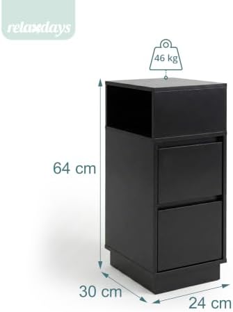 Nachttisch, 2er Set, 2 Schubladen, 1 offenes Fach, HxBxT: 64 x 24 x 30 cm, Schlafzimmer, Nachtschrank, schwarz