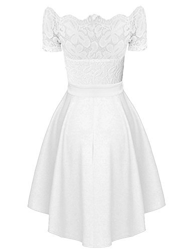 Dreaweet Women's Off Shoulder Lace Boat Neck Vintage Cocktail Party Wedding Dresses (Large, White)